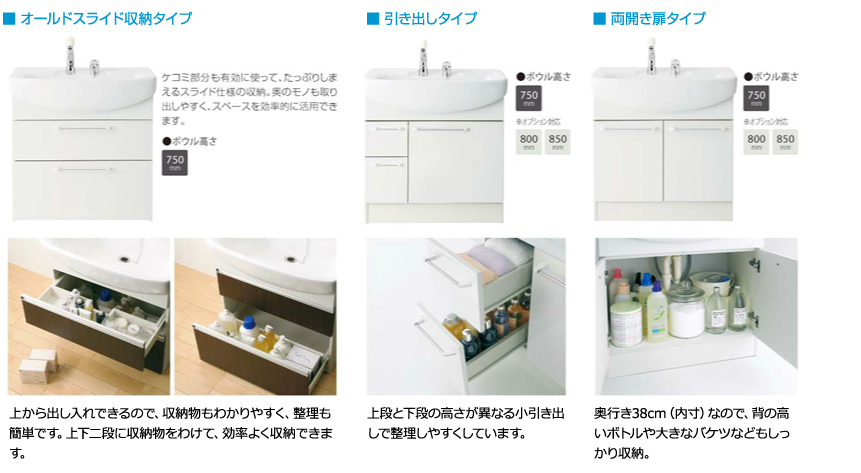 オールドスライド収納タイプ、引き出しタイプ。両開き扉タイプ